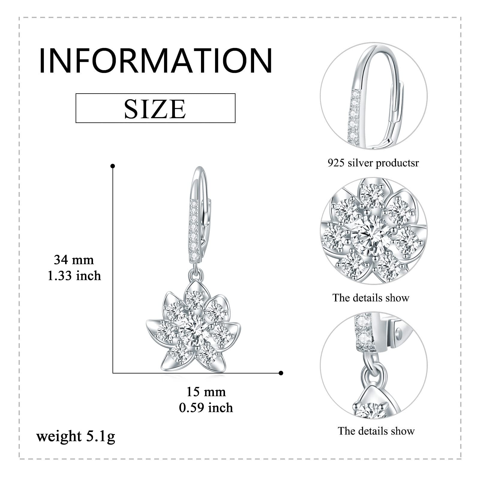 VONALA Sterling Silver Flower/Lotus/Square Leverback Earrings for Women Crystal Dangle Drop Earrings Cubic Zirconia Dangling Earrings for Women Teens Gift