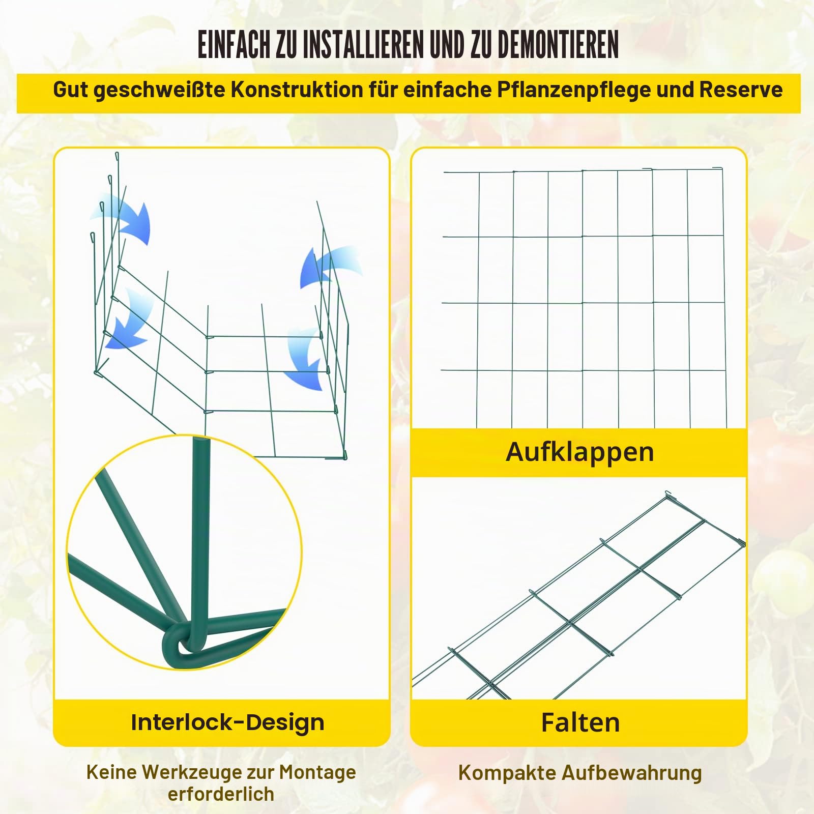Tomatenkäfige, 37 x 37 x 100 cm, 6er-Set quadratische Pflanzenstützkäfige, robuste, grüne Tomatentürme aus PVC-beschichtetem Stahl zum Klettern von Gemüse, Pflanzen, Blumen und Früchten
