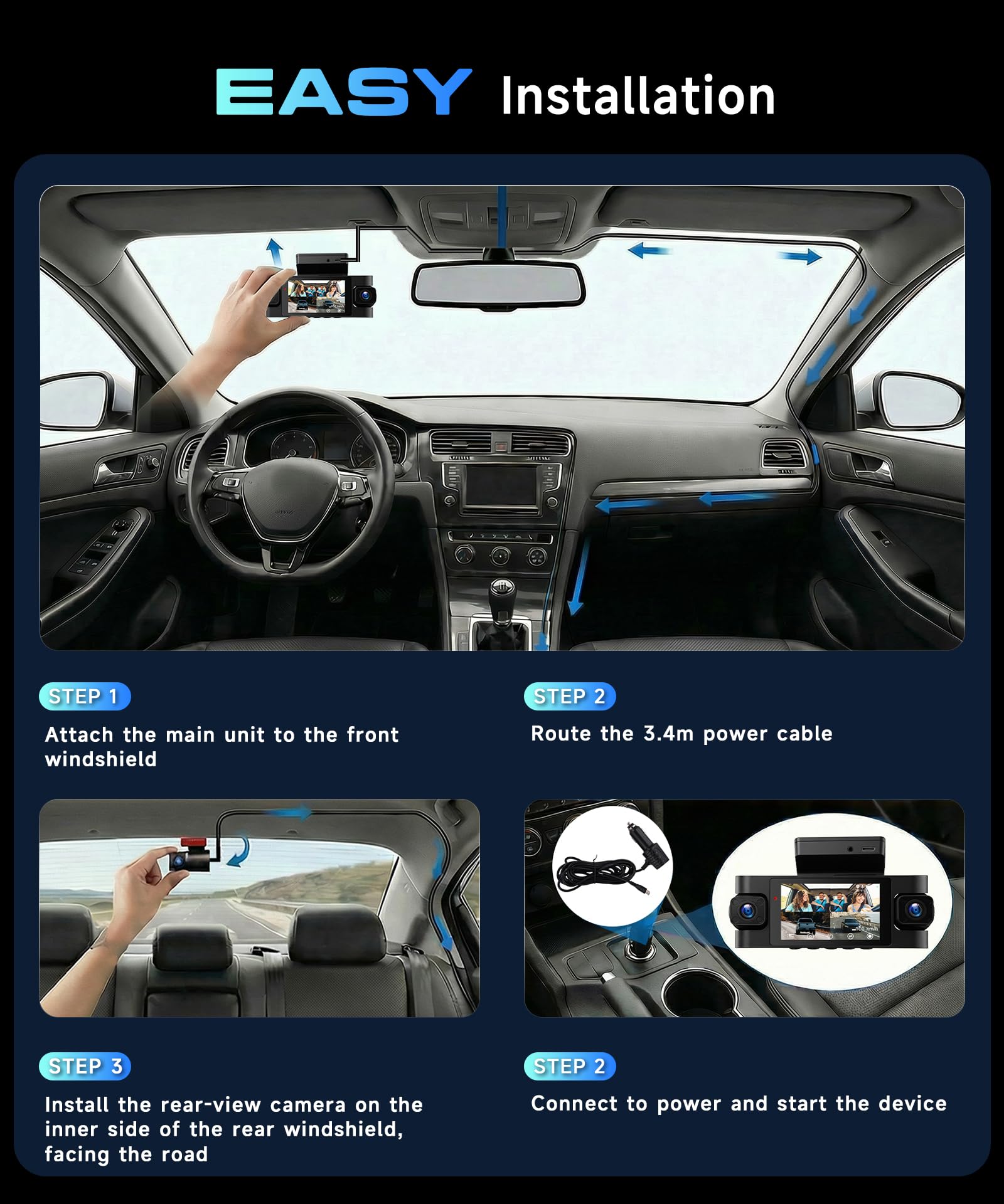 VECHTEL Cámara de salpicadero 2K para Coche, Delantera y Trasera, con WiFi, 1080P,4 cámaras de salpicadero con Pantalla IPS de 3 Pulgadas,GPS,visión Nocturna, Sensor G, protección de 360°,64 GB TF