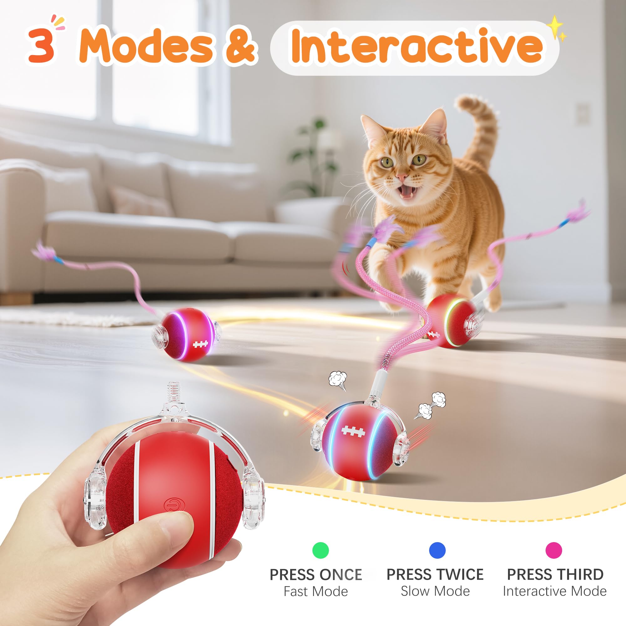 Interaktives bewegliches Katzenspielzeug mit Federn, roter Ball mit Netzstab, Katzenspielzeug für Indoor-Katzen