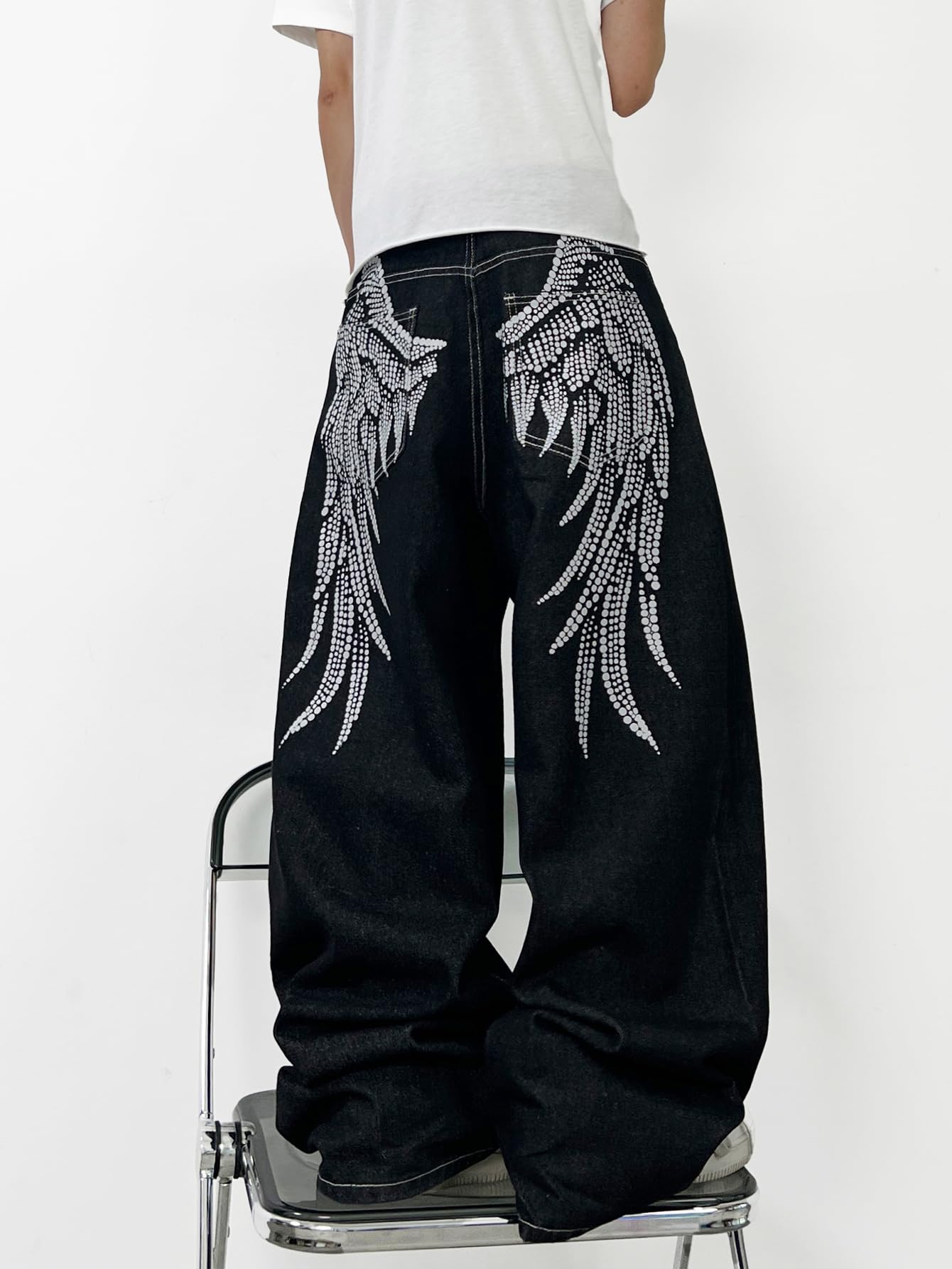 Jeans da uomo larghi a gamba larga con stampa ali d'angelo pantaloni in denim Y2K Hip Hop Streetwear pantaloni casual