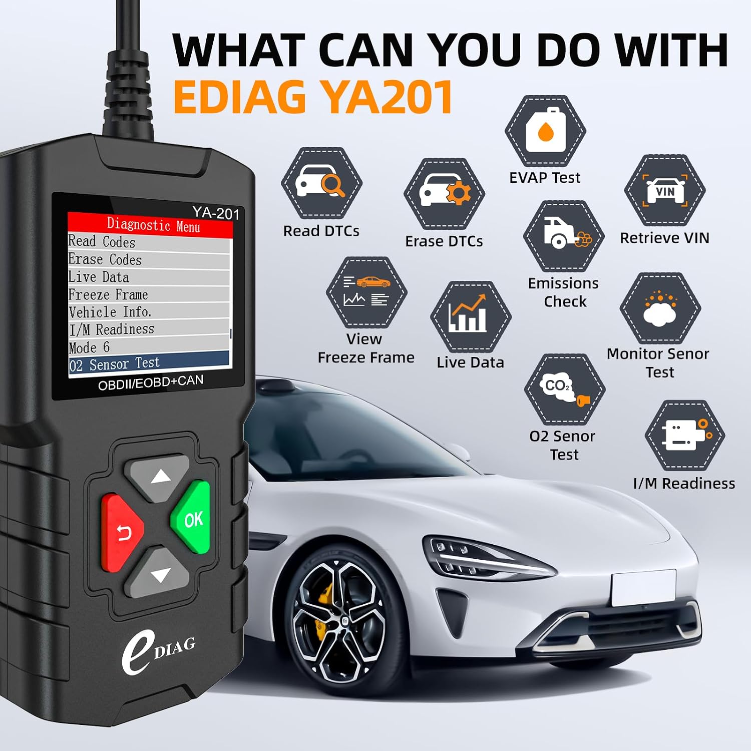 YA-201 Obd2 Scanner, Full OBD2 Modes Check Engine Code Reader After 1996 All OBDII/EOBD/KOBD/CAN Cars, O2 Sensor EVAP Systems, Battery Test,Live Data Stream,Plug & Play