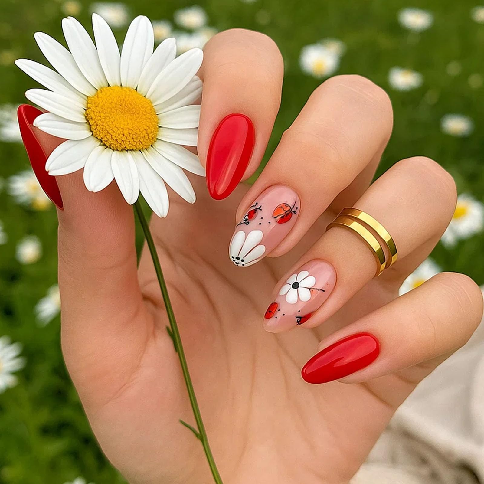 Red Glossy Almond Press On Nails Set including Ladybug Floral Art Design - Image 3