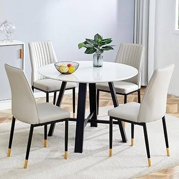 Round Dining Table Set for 4, Round Dining Room Table Set for 4 with Metal Leg and 4 Chair, Small Dining Table Set for 4, Kitchen Island with Seating for Small Spaces
