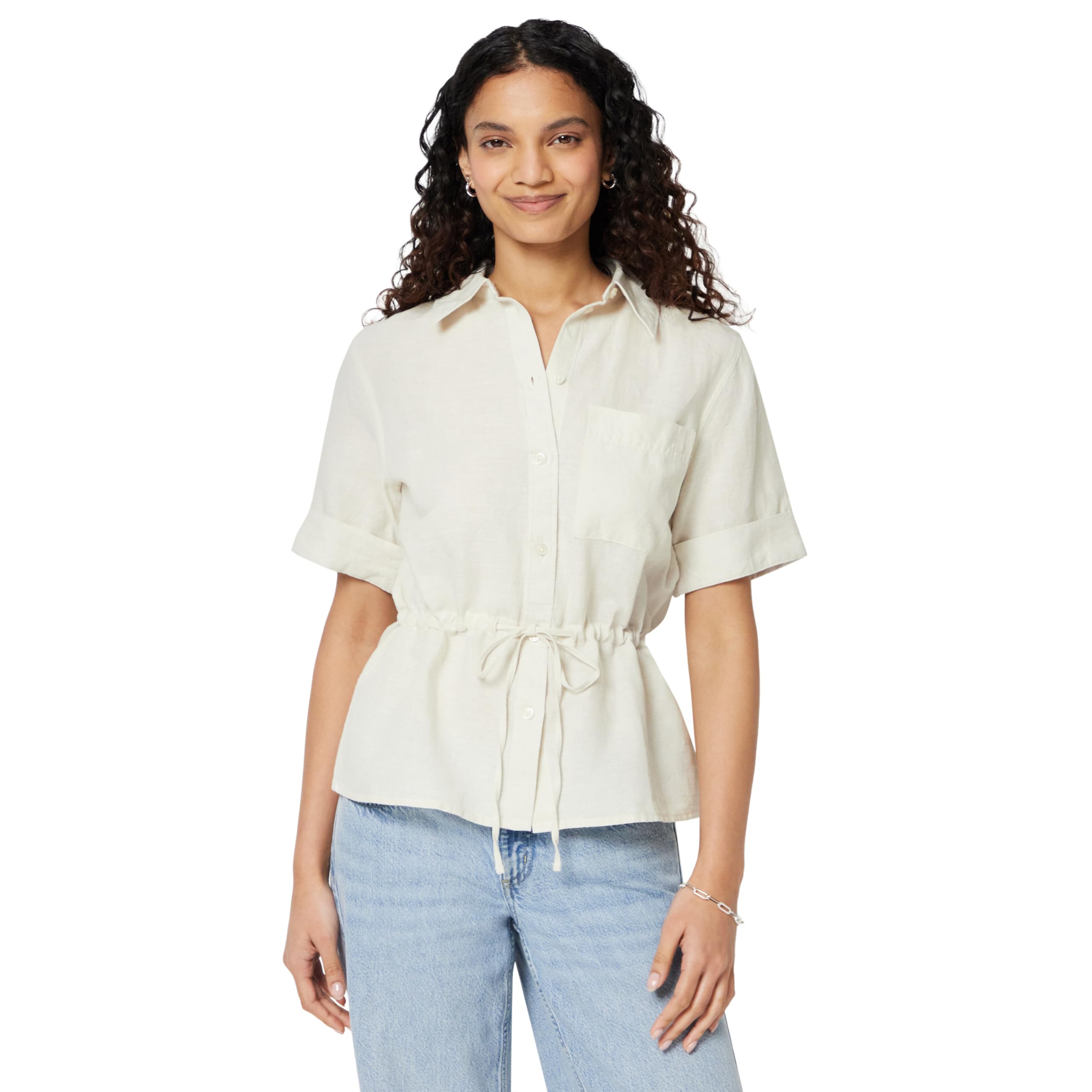 Amazon Essentials Women's Relaxed-Fit Linen Blend Wide Sleeve Shirt with Adjustable Waist Black, Light Beige, Large
