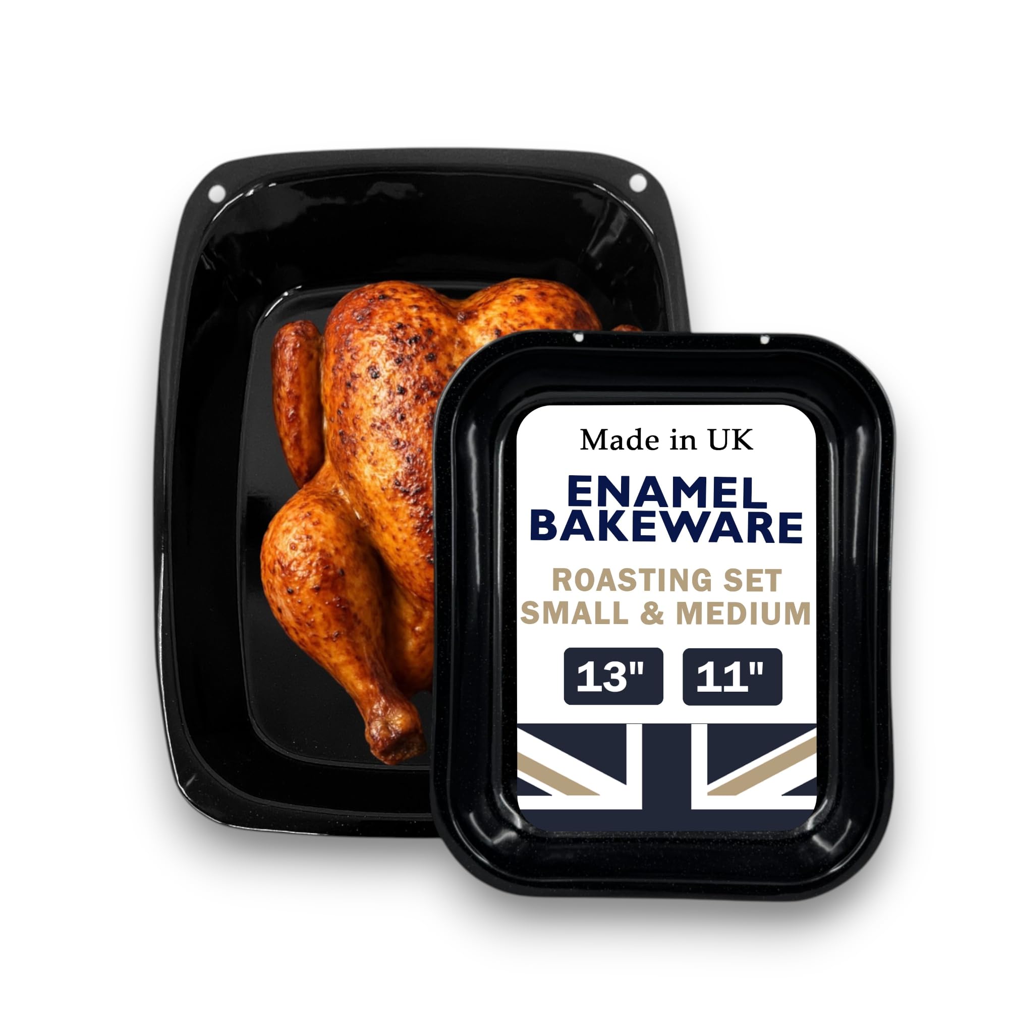 Samuel Groves Black Great British Bakeware 28Cm & 33Cm Vitreous Enamel Roasting Tin Set, Baking Oven & Tray, Heavy Duty Vitreous Enamel Bakeware, Roasting Tray, Baking Pan, Made In England, Scratch Resistant