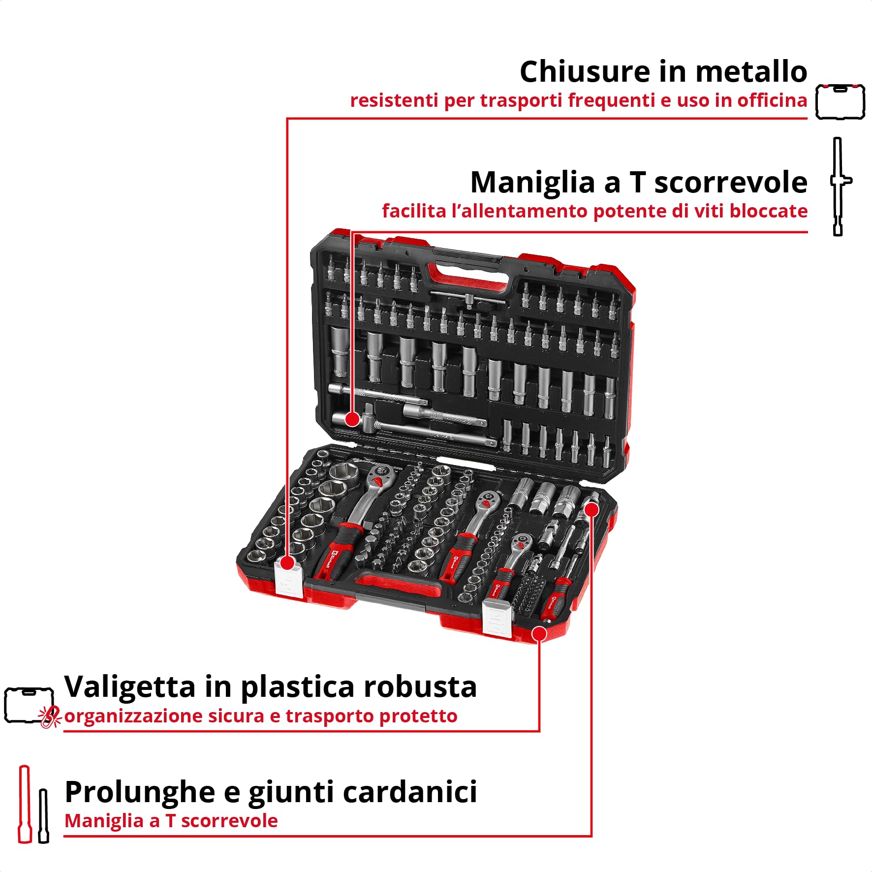 Einhell 181 pezzi set di bussole e cricchetto | Set di bussole | cricchetti | assortimento di inserti | impugnatura per cacciavite | chiavi esagonali | valigetta inclusa
