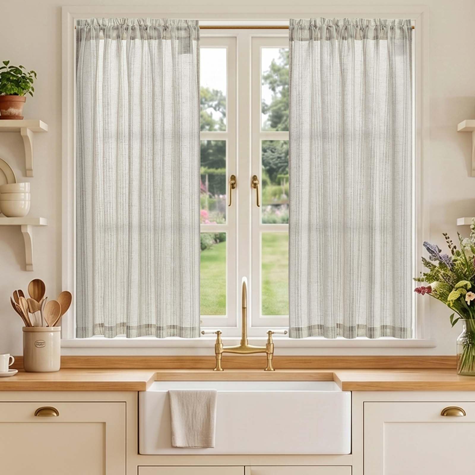 TOPICK Linen Look Kitchen Curtains, Cafe Curtains, W36 xL45 Grey Striped