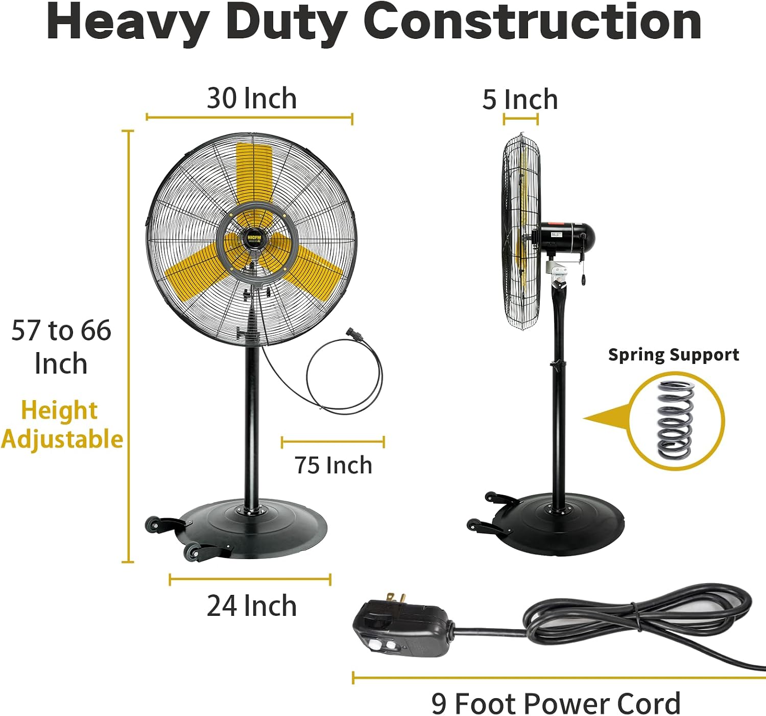 HiCFM 30 inch IP44 Outdoor Oscillation Pedestal Fan, 1/3 HP Powerful Sealed Motor, Base Wheels & Stand Adjustable, High-Velocity Industrial Shop Fan with Misting Kit