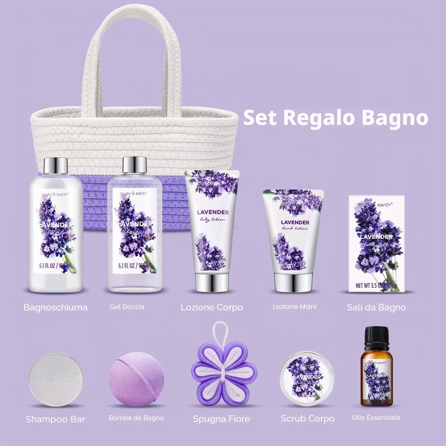 BODY & EARTH Set Regalo per Donne - Set da Bagno 11Pcs con prodotti Termali al Profumo di Lavanda, Cesto Regalo Benessere per Donne, Mamme, Fidanzate, Ragazze per Compleanno, San Valentino