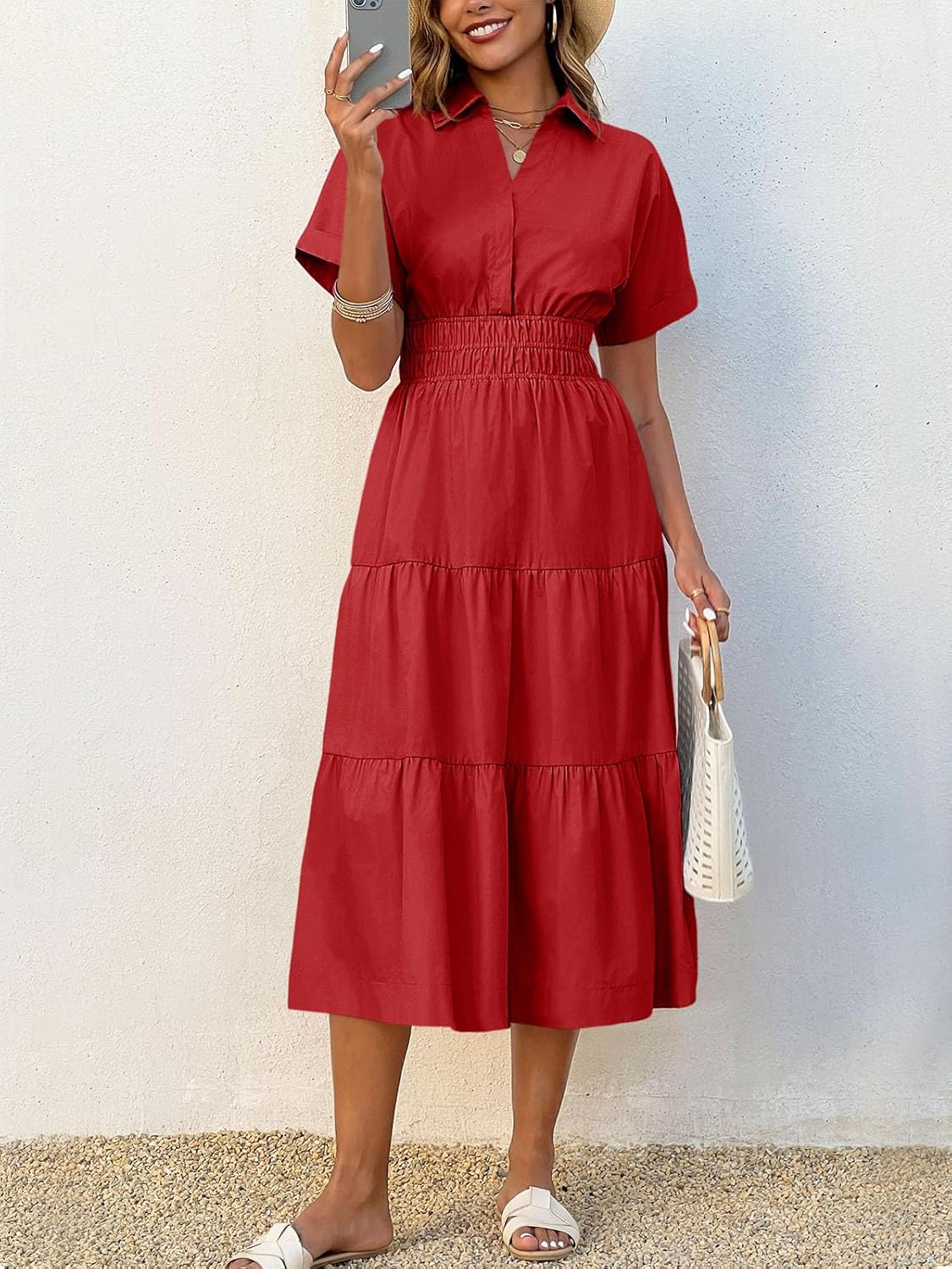 Wenrine Womens Summer Short Sleeve Maxi Dresses Casual V Neck Smocked Loose Tiered Flowy Shirt Dress with Pockets - Image 4