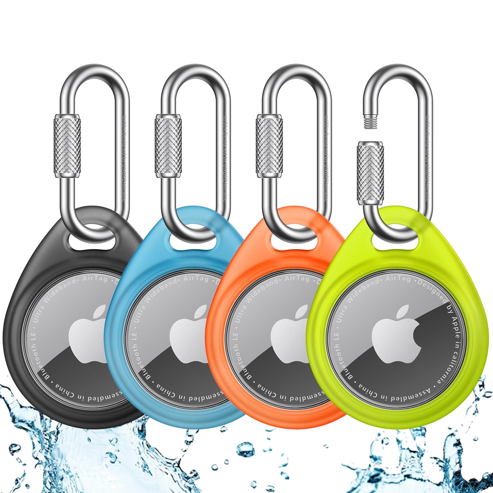 UNBREAKcable AirTag Holder for Apple - 4 Pack Air Tag Case [Professional Carabiner] [Waterproof] [Shockproof] TPU AirTag Keychain for Kids, Pets, Keys, Luggage, Backpacks