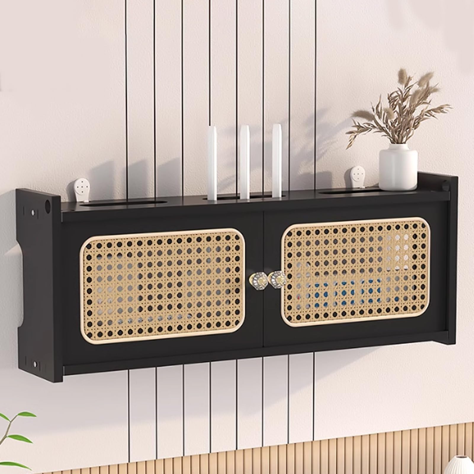 Murale pour Routeur WiFi, Boîte de Rangement pour Routeur, Étagère en Rotin for Routeurs Peut Être Utilisé for Couvrir Les Boîtiers Électriques(Nero,L23.6xW4.5xH9IN)