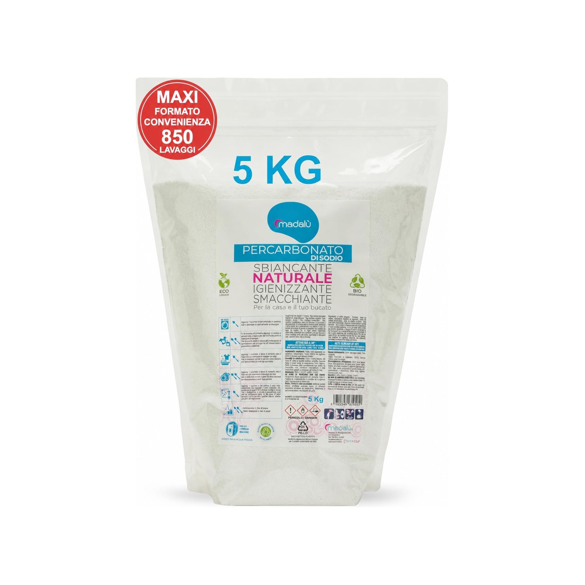 Percarbonato di Sodio per Bucato Puro (5 Kg, 850 Lavaggi) Smacchiatore Bucato ad Azione Sbiancante Smacchiante Igienizzante Naturale, Antimuffa, Busta Richiudibile