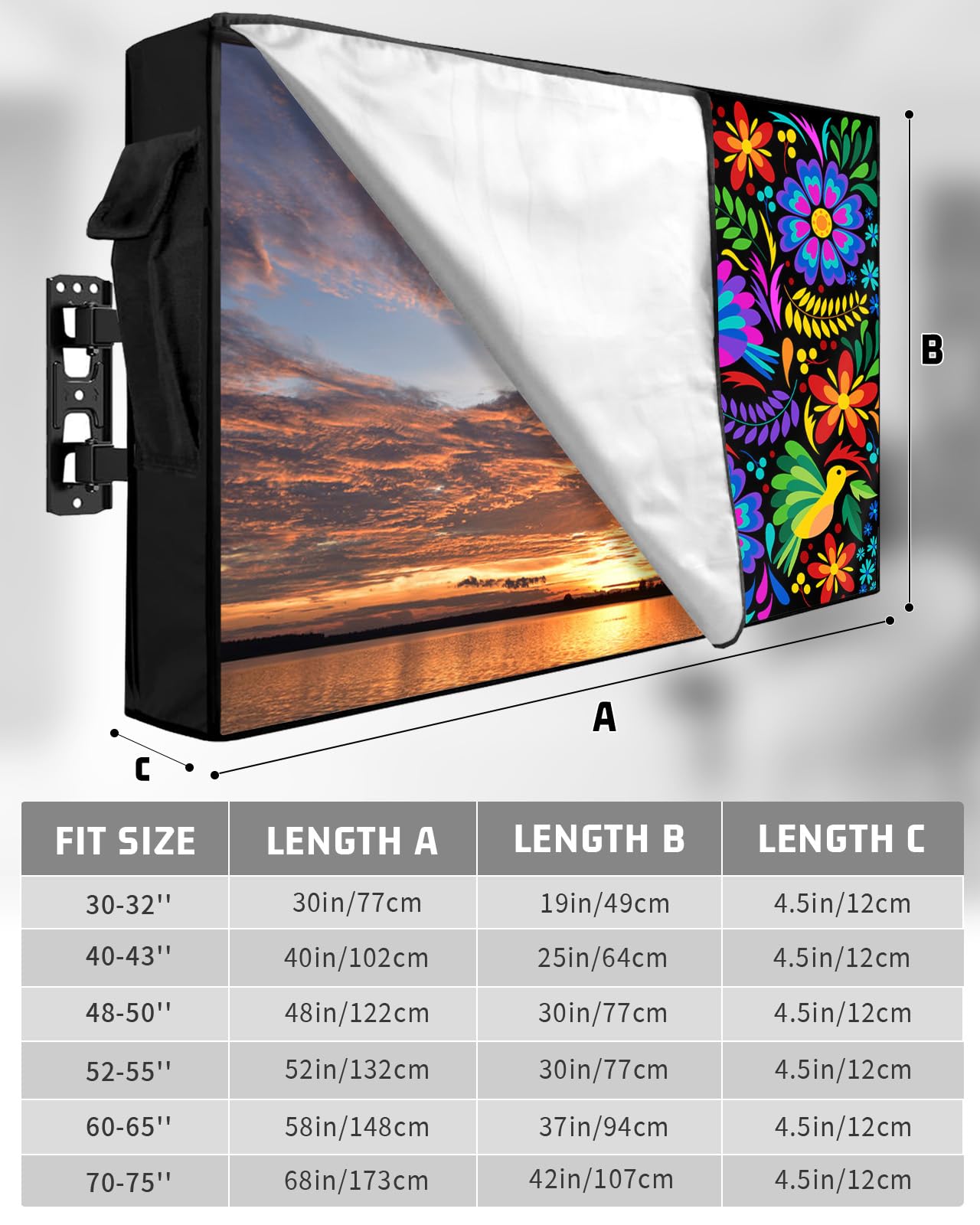 Outdoor TV Cover 30 to 32 Inch Colorful Mexico Style Abstract Flower Floral Leaves Bird Waterproof Weatherproof Outside Zipper TV Screen Protector Flat Television Covers with Remote Control Pocket