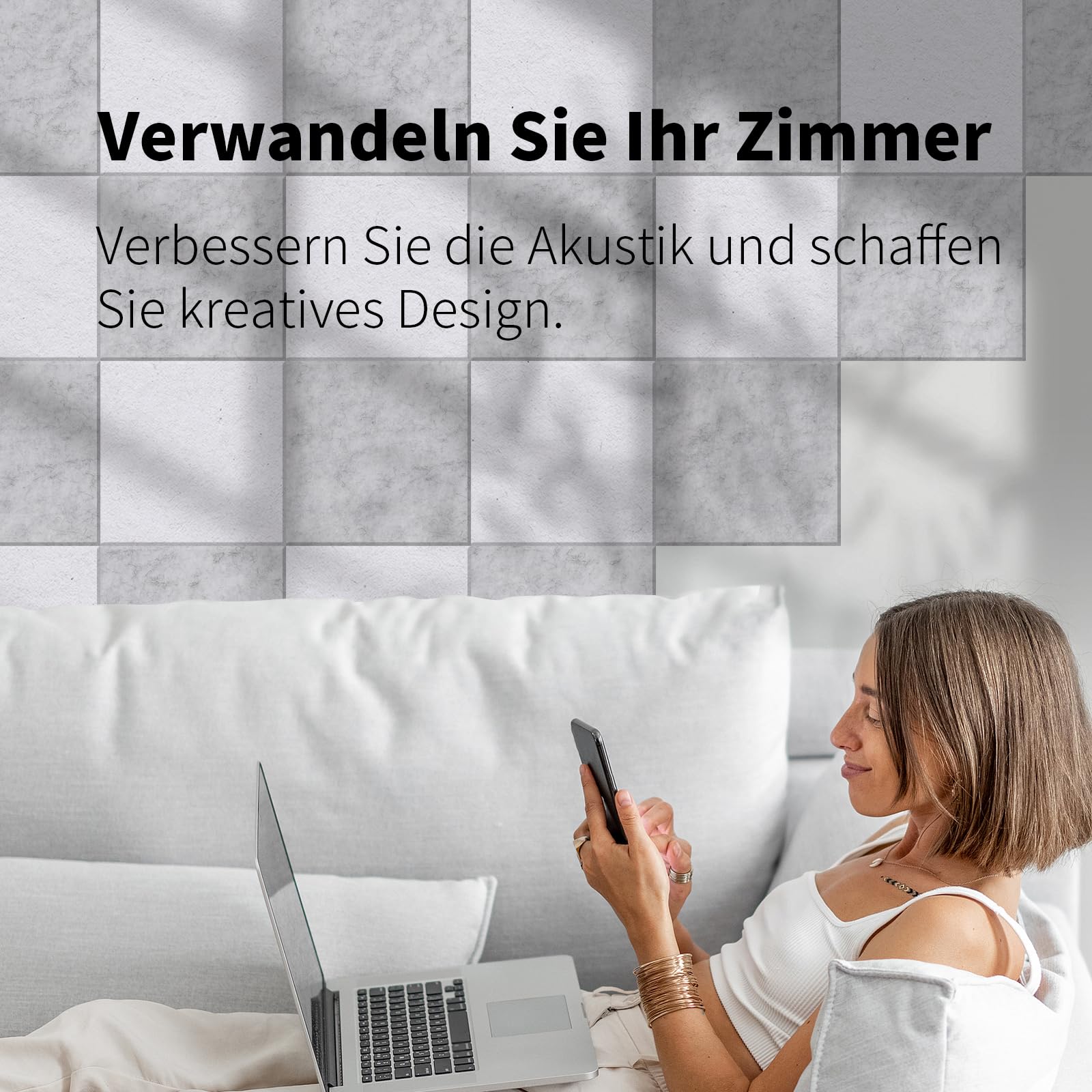 18 Stück Quadratische Akustikplatten selbstklebend,Abdeckung 1.62㎡,Schallschutz & Schalldämmung für Wände & Türen – 230kg/m³,NRC 0.95,100% Polyester,Ideal für Schallschutz Wand,Porzellan weiß