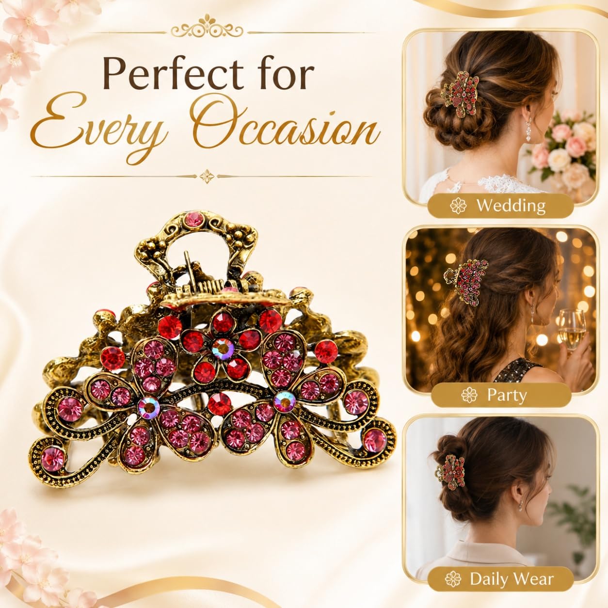 Rhinestone Hair Clips Sparkling Flower Rhinestone Claw Clip, Luxury Vintage Diamond Accessories for Women for Wedding Party Vacation Daily Hairstyle Decor