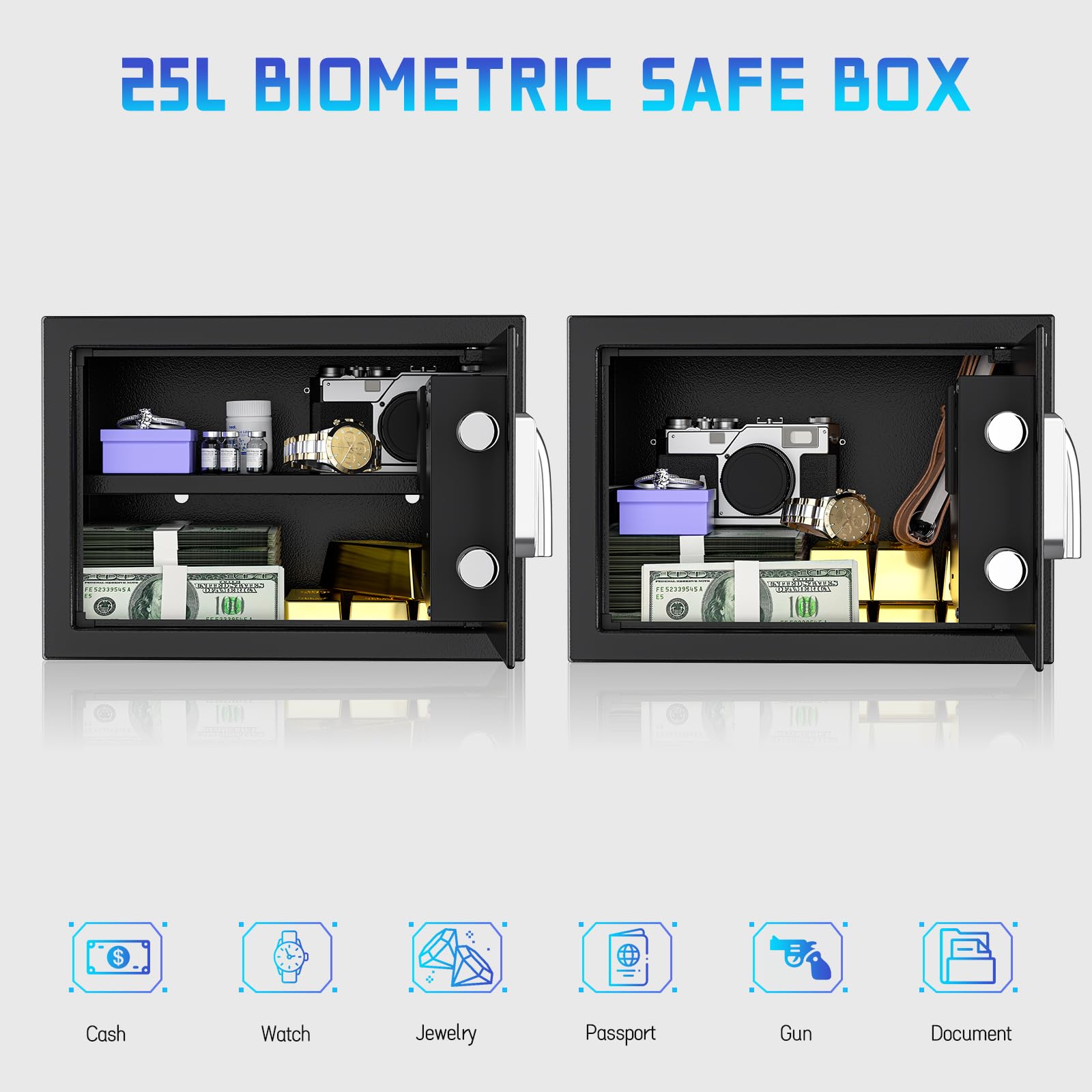 WASJOYE 25L Caja Fuerte para Huellas Dactilares, Biométrico Caja Fuerti Convencionale para el Hogar con Llaves, Electrónica Automática con Identificación de Dedos para la Oficina Hotel
