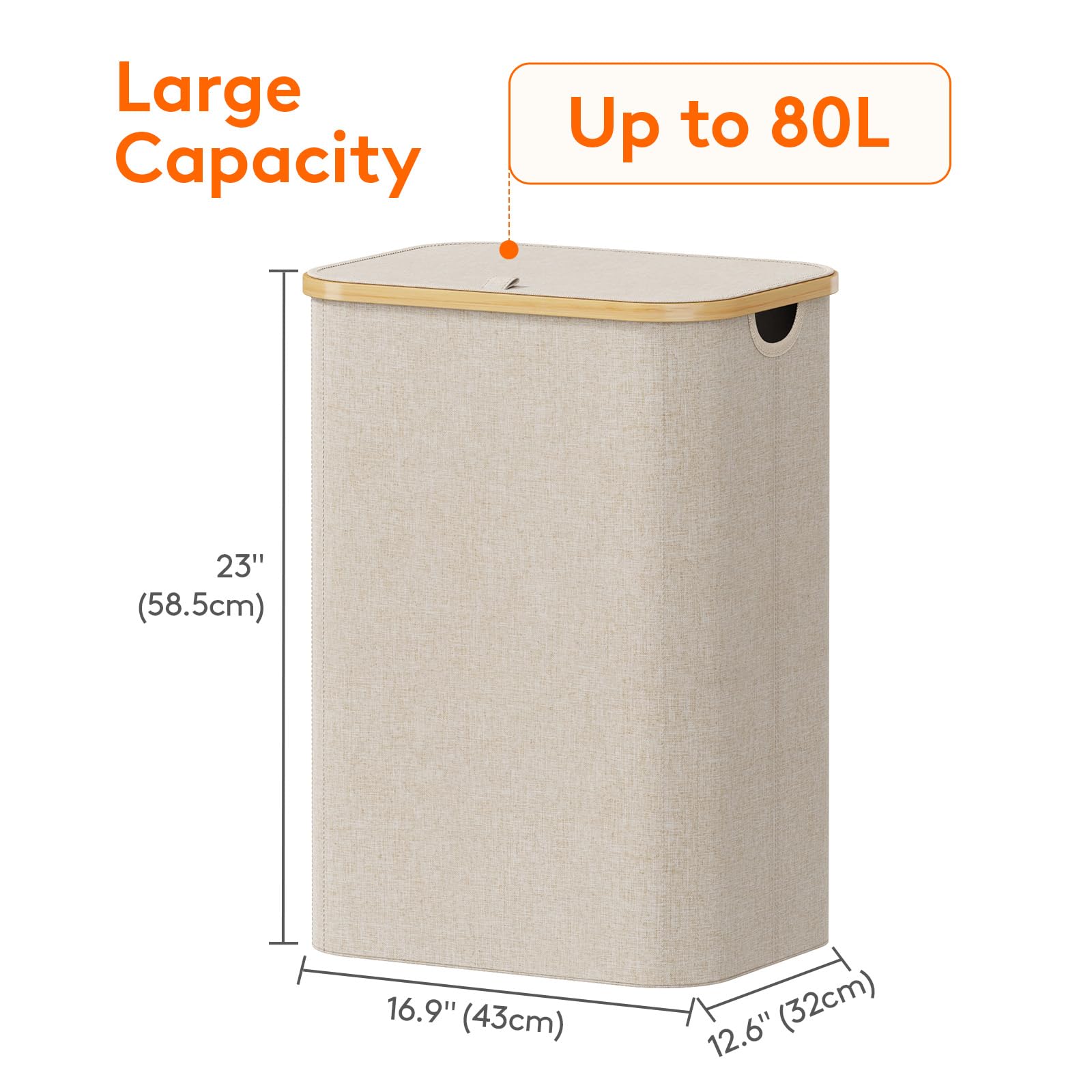 Lifewit 80L Laundry Basket with Lid, Dirty Clothes Bin with Bamboo Handles and A Removable Bag - Image 4