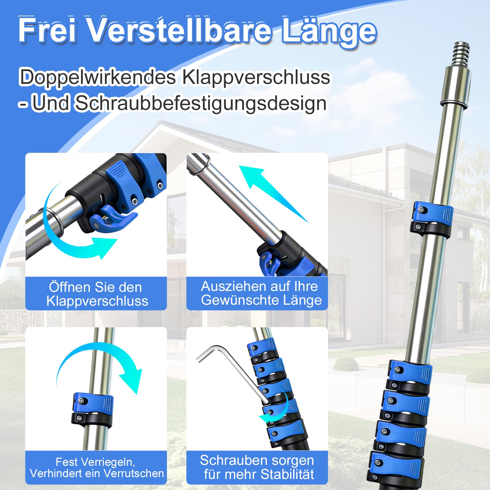 9M Reichweite Solarpanel-Reinigungsbürsten-Set, 1,5–7,2M Teleskopstange Mit Wasseranschluss & Dual-Action Verschluss, Für Schneeräumung, Fenster, Boote, Wohnmobile