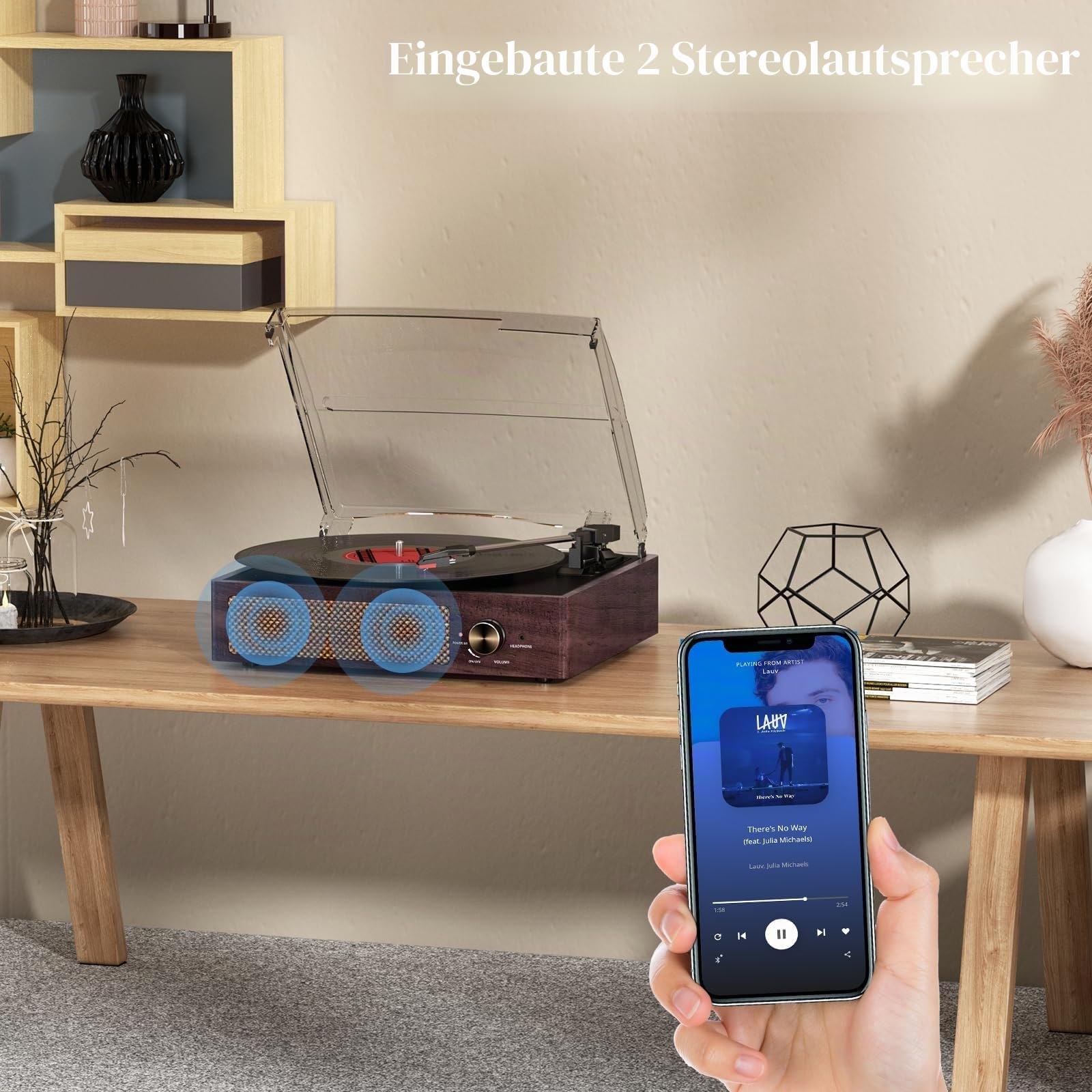 Vinyl Plattenspieler, Bluetooth tragbaren Vinyl Plattenspieler Schallplattenspieler mit 3-Gang 33/45/78 U/min und Eingebauter 2 Stereo Lautsprechern- natürliches Holz