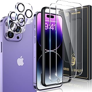 [2+2 Pack]UniqueMe Screen Protector Compatible for iPhone 14 Pro Max 6.7-inch, 2 Pack Tempered Glass Screen Protector + 2 Pack Camera Lens Protector with Easy Installation Frame, Anti Scratch Bubble Free