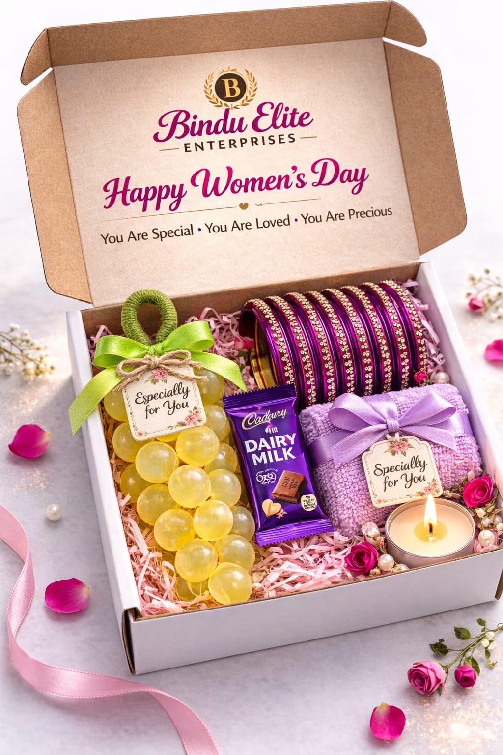 Women’s Day Gift Hamper for Women with Handmade Soap | Bangles | Chocolate | Candle & Towel – Personalised Gift Box | Customizable.-image-14