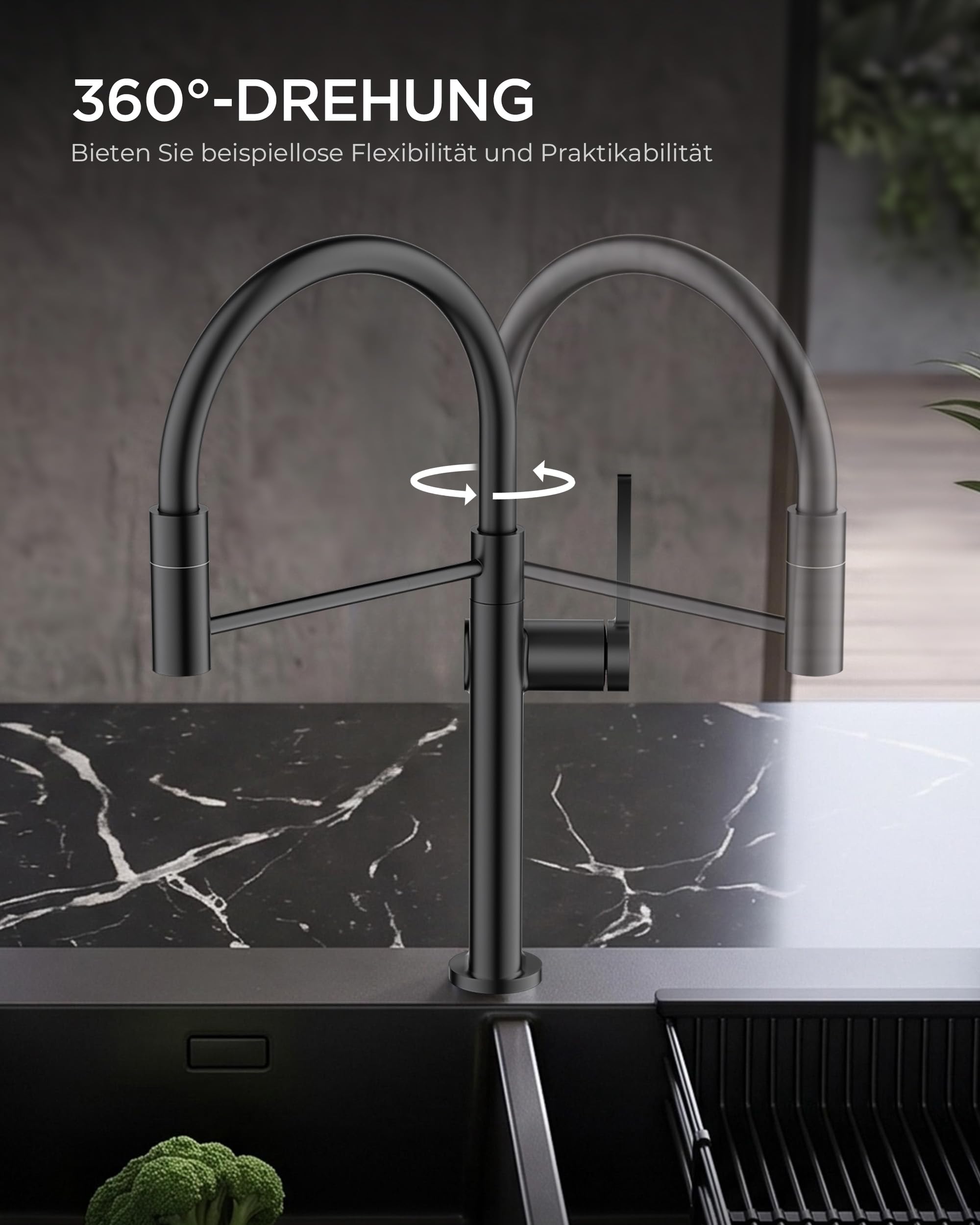 FORIOUS Wasserhahn Küche, Spültischarmatur Zwei Sprühmodi, 360° drehbarer Armatur Einhebel Warm und Kaltwasser Mischbatterie Spültischarmaturen，Matt Schwarz