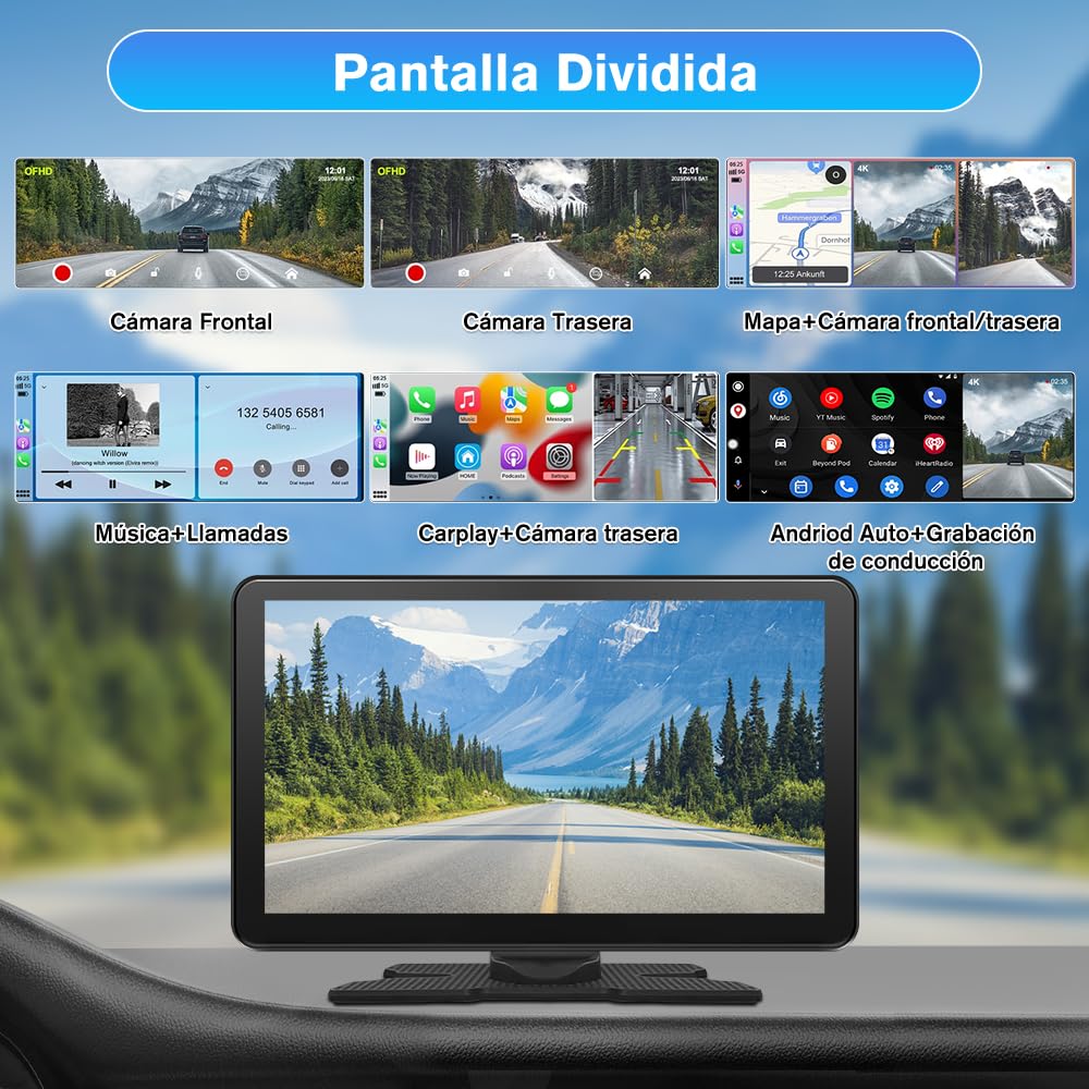 AWESAFE 9”Pantalla de Coche CarPlay/Android Auto/MirrorLink Inalámbrico, Reproductor de Pantalla Tactíl Admite 4K Dash CAM/Cámara de Trasera/Bluetooth/USB/SD/FM/Control por Voz
