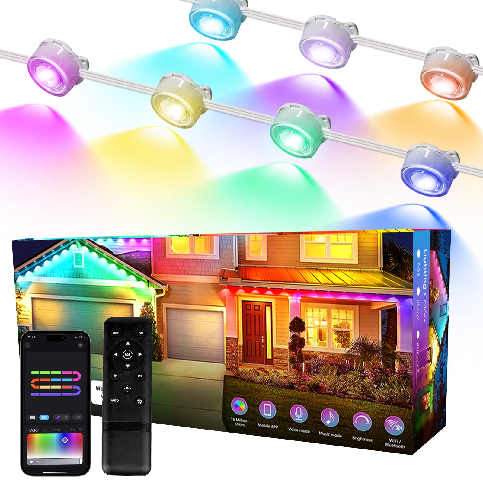 Permanent Outdoor Lights 100ft, Smart RGB+IC Eaves Lights 72 LED with ...