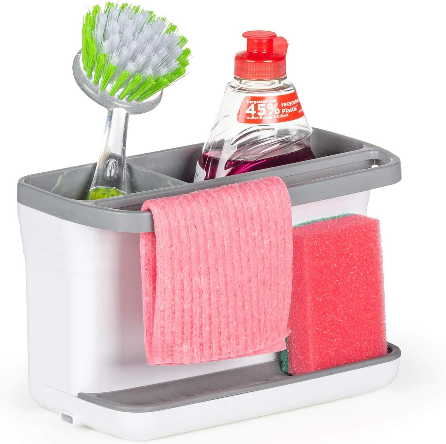 Rosmarino Sink Caddy 8.6x4.7x5.5" (22x12x14cm) in Grey & White - Kitchen Organiser with Sponge Holder (Sink Caddy)