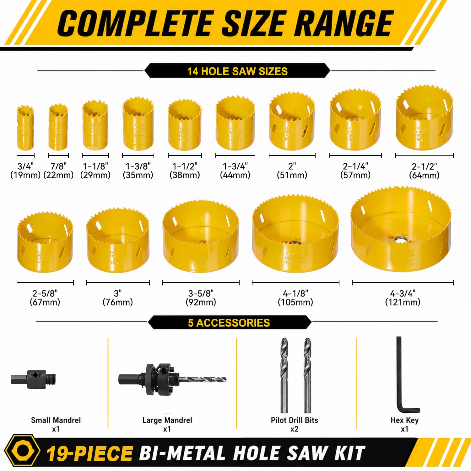 KATA Kit de sierra perforadora bimetálica, juego de 19 piezas de sierra perforadora de acero de alta velocidad con 19-121 mm, 14 hojas de sierra perforadora en caja con mandriles, broca, llave