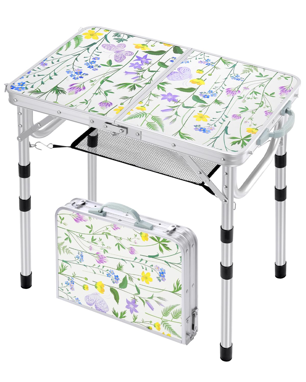 Sportneer Tavolino da Campeggio Pieghevole, Regolabile in Altezza, 60×40 cm, Portatile con Ripiano in Rete, 4 Altezze, Tavolo da Esterno per Picnic e Spiaggia