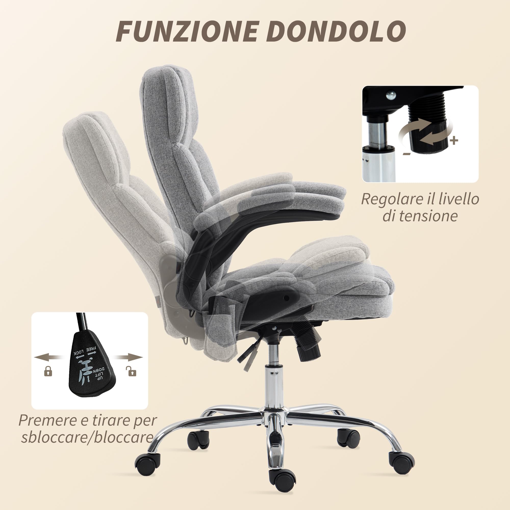 HOMCOM Sedia da Ufficio Massaggiante 4 Punti Vibrante Riscaldata Grigio | Funzione Dondolo, Poltrona Ufficio, Sedia Scrivania, Tessuto Effetto Lino, Braccioli Ribaltabili, Altezza Regolabile