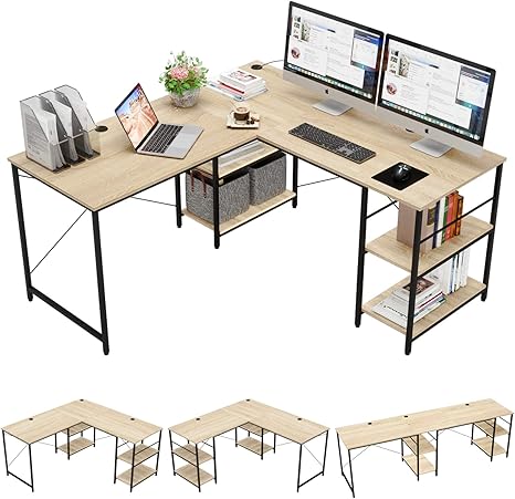 Amazon Com Bestier L Shaped Desk With Shelves 95 2 Inch Reversible Corner Computer Desk Or 2 Person Long Table For Home Office Large Gaming Writing Storage Workstation P2 Board With 3 Cable Holes Extra Long L Shaped Desk