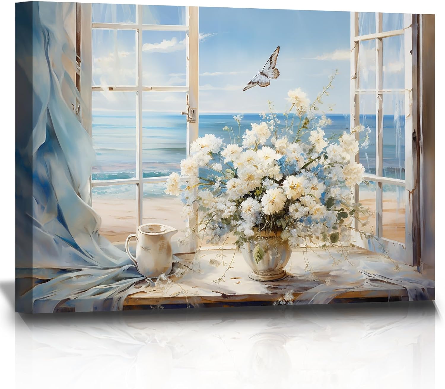 Craftline - Rustic Bathroom Flower Wall Art Window Seascape Seaside Scenery Painting Pictures White Gardenia Canvas Prints for Bedroom Floral Boat Poster Framed Artwork Wall Decor 48x32Inch