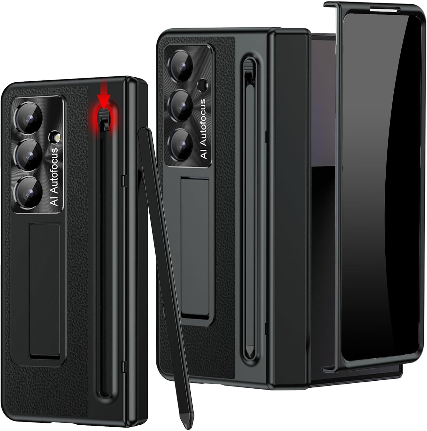 for Samsung Galaxy Z Fold 7 Case with S Pen Holder & Stylus, Fold 7 PU Leather Phone Case with Built in Privacy Screen Protector Full Body Slim Kickstand Protective Cover for Z Fold 7 Black