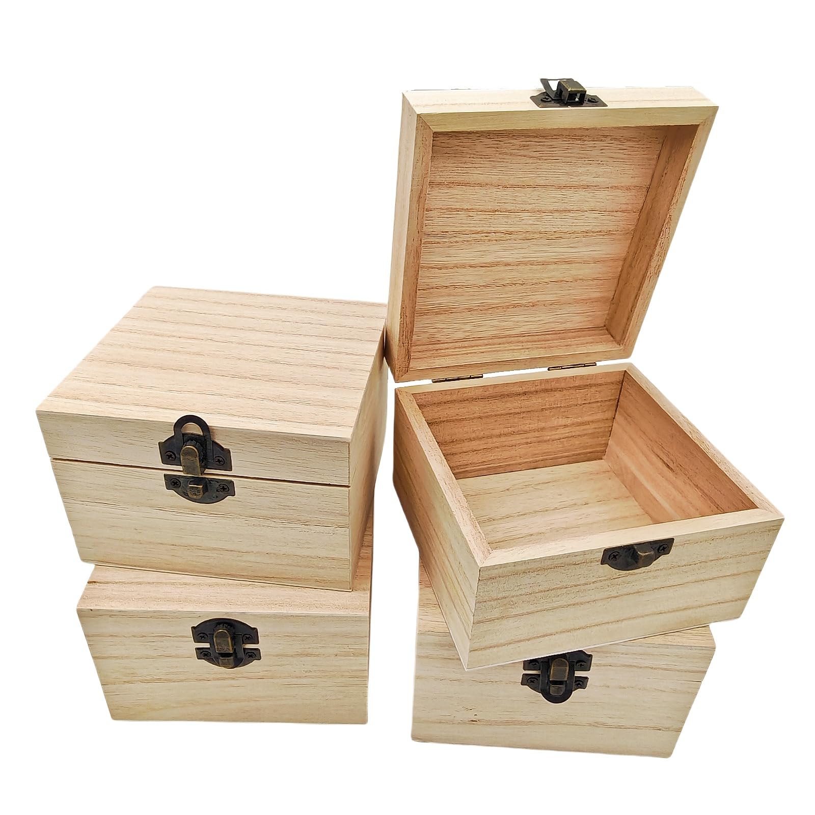 Anktily 4 Pack Unfinished Wooden Boxes, Rustic Small Wood Box with Locking Clasp DIY Craft Storage Organizer Box for Home Table Decoration (12 x 12 x 8 cm)