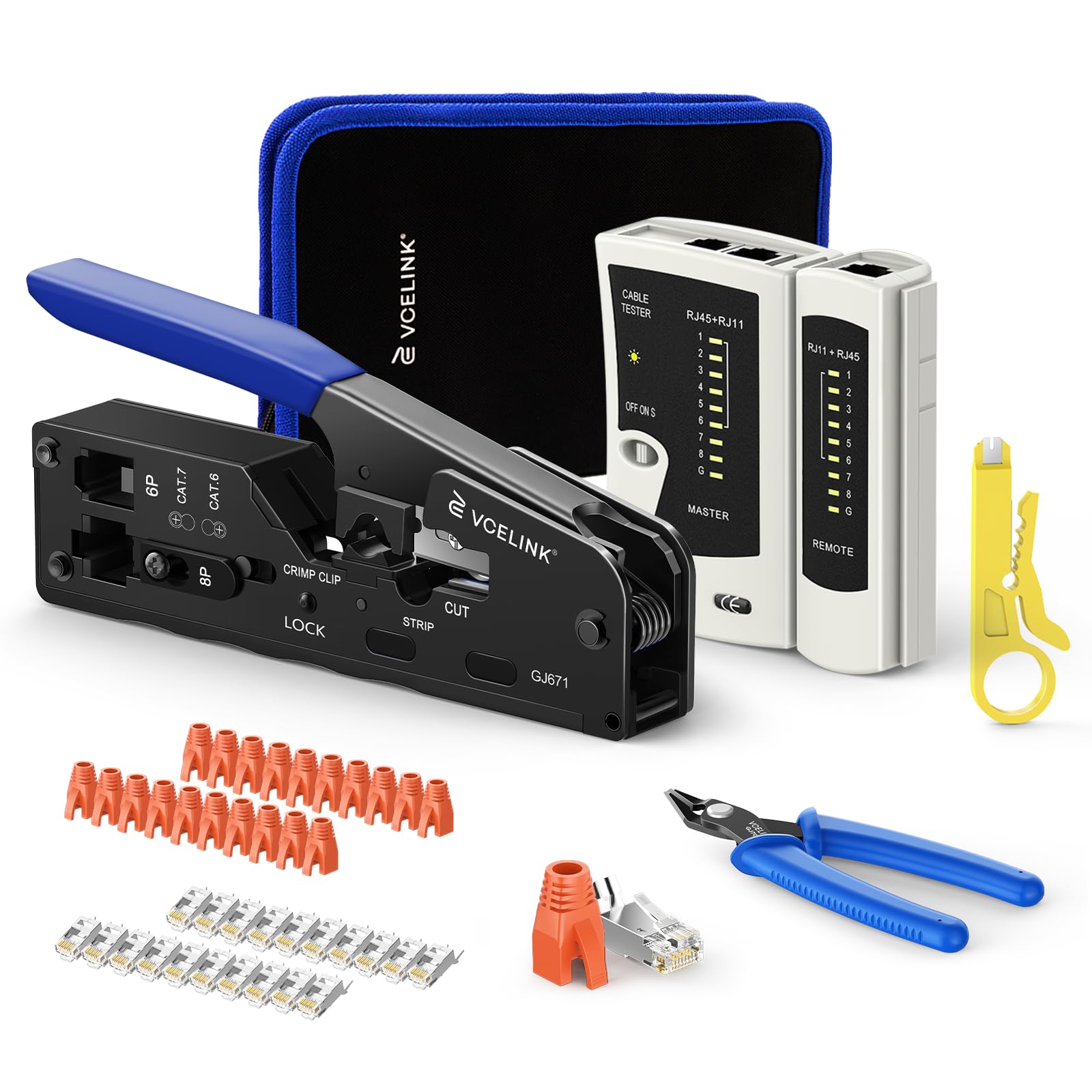 VCELINK Kit Crimpatrice RJ45 44 in 1 Tester LAN 20 Connettori Cat7 Passanti | Lame integrate rifilano i conduttori a filo per contatti puliti e crimpature affidabili al primo colpo su connettori passanti