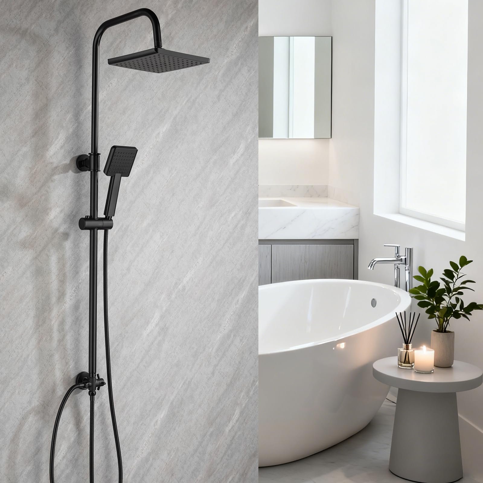 RONVIE Adjustable Shower Riser Rail Kit with 8" Square Rainfall Shower Head & Handheld Spray, Dual-Function Brass Diverter Valve, Height/Angle Ronvie Adjustable Anti-Leak System(Black)