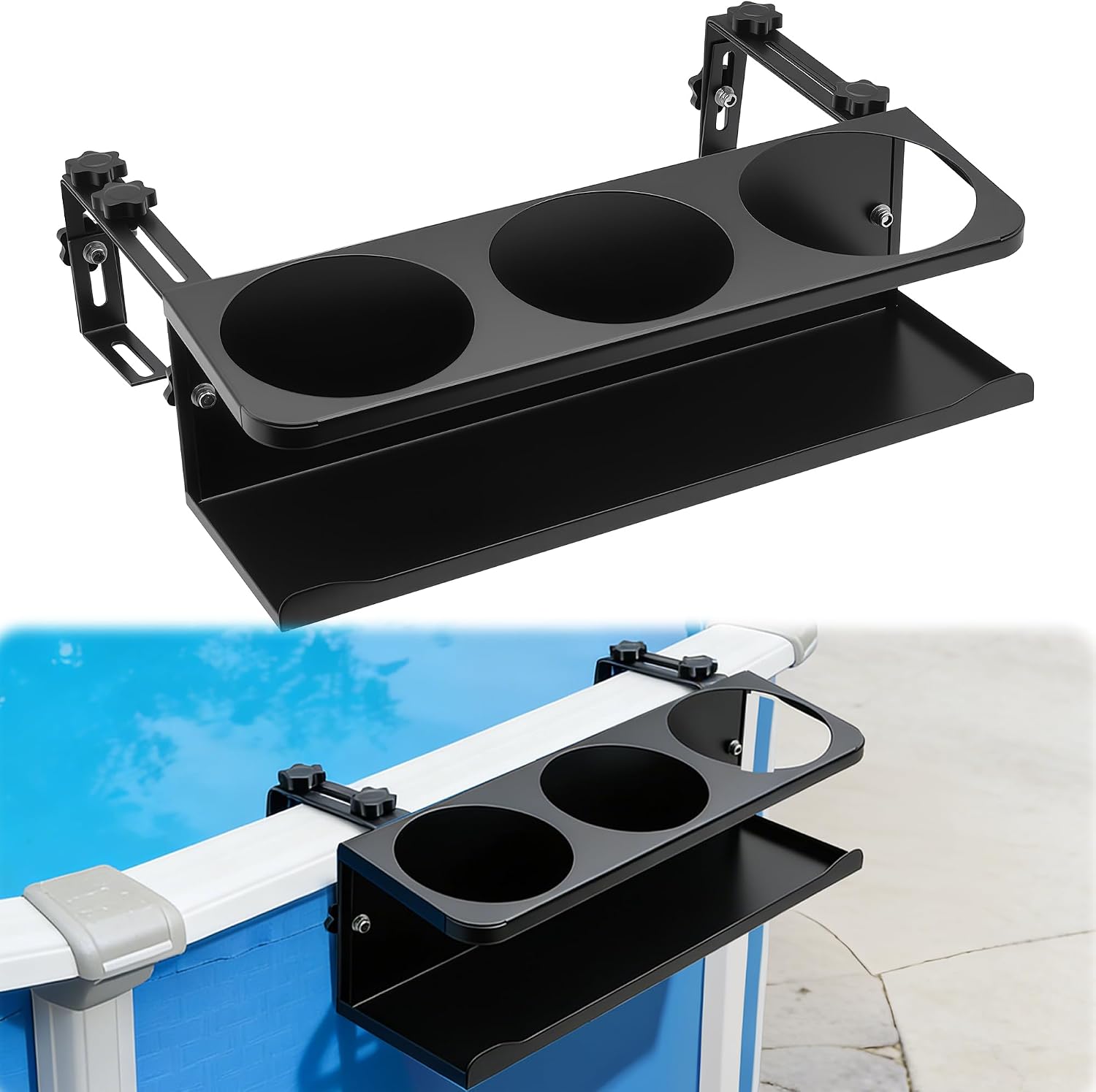 3-Hole Poolside Cup Holders for Above Ground Pool for Square Top Pools Only, Fits 4.9 to 7.6" Top Rails, Adjustable Stainless Steel Pool Drink Holder Above Ground Pool Accessories