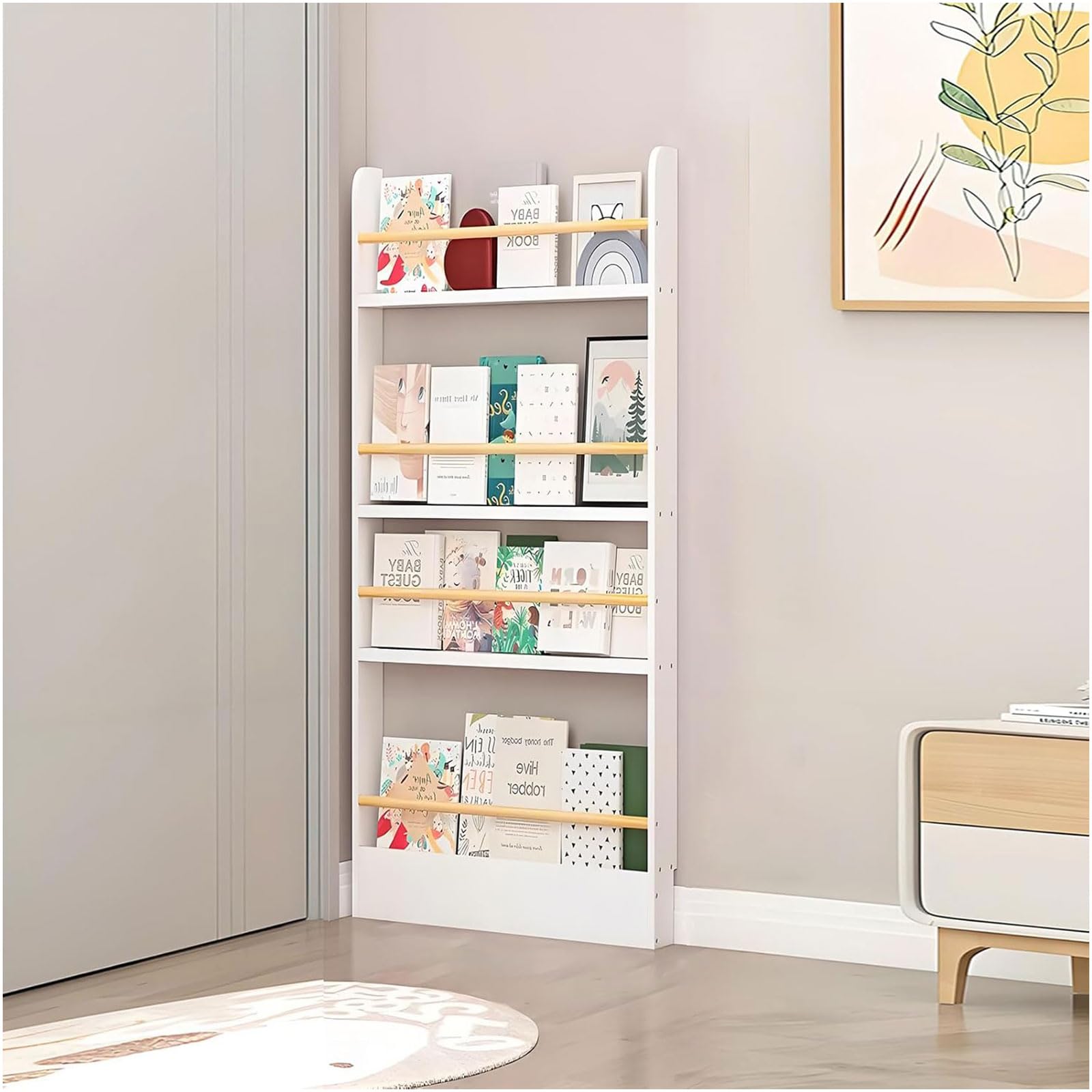 Moubhjd 3/4/5 Tier Wall Mounted Bookshelf, Kids Bookshelf, Book Shelf for Kids Room, Space-saving/Anti-dumping, Toy/CD/Book Organizer, Kids Bookcase for Child's Room/Home/Living Room (Color：White)