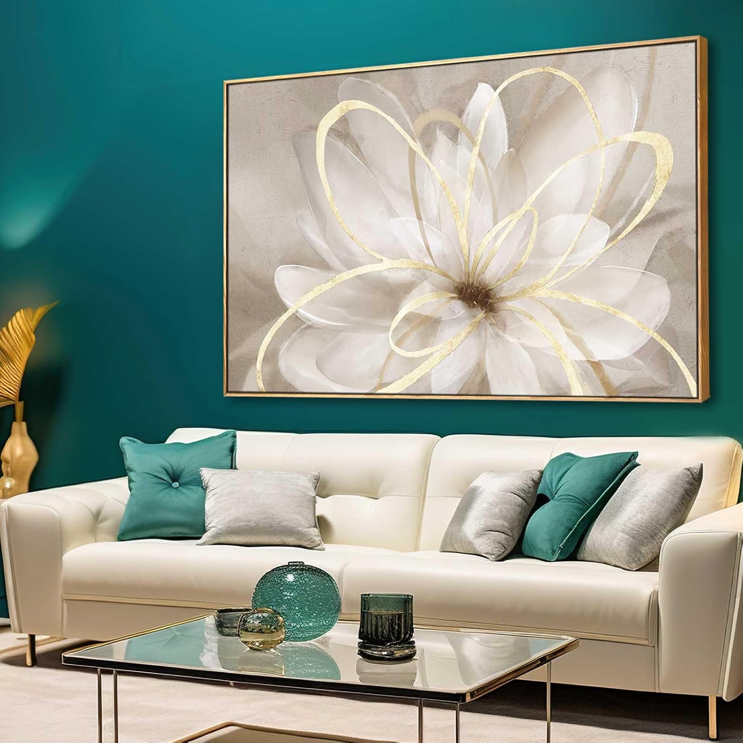 SOUGUAN Floral Wall Decorations Gold and White Canvas Wall Art Line Photo Prints 36x70 Large Wall Painting for Living Room Office