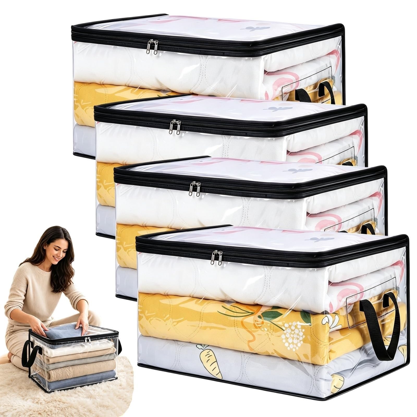 Extra Large Clear PVC Storage Bags with Zipper & Reinforced Handles, Heavy-Duty Thick Plastic Organizer Bags for Clothes, Bedding, Dorm, Moving & Camping(4pcs)
