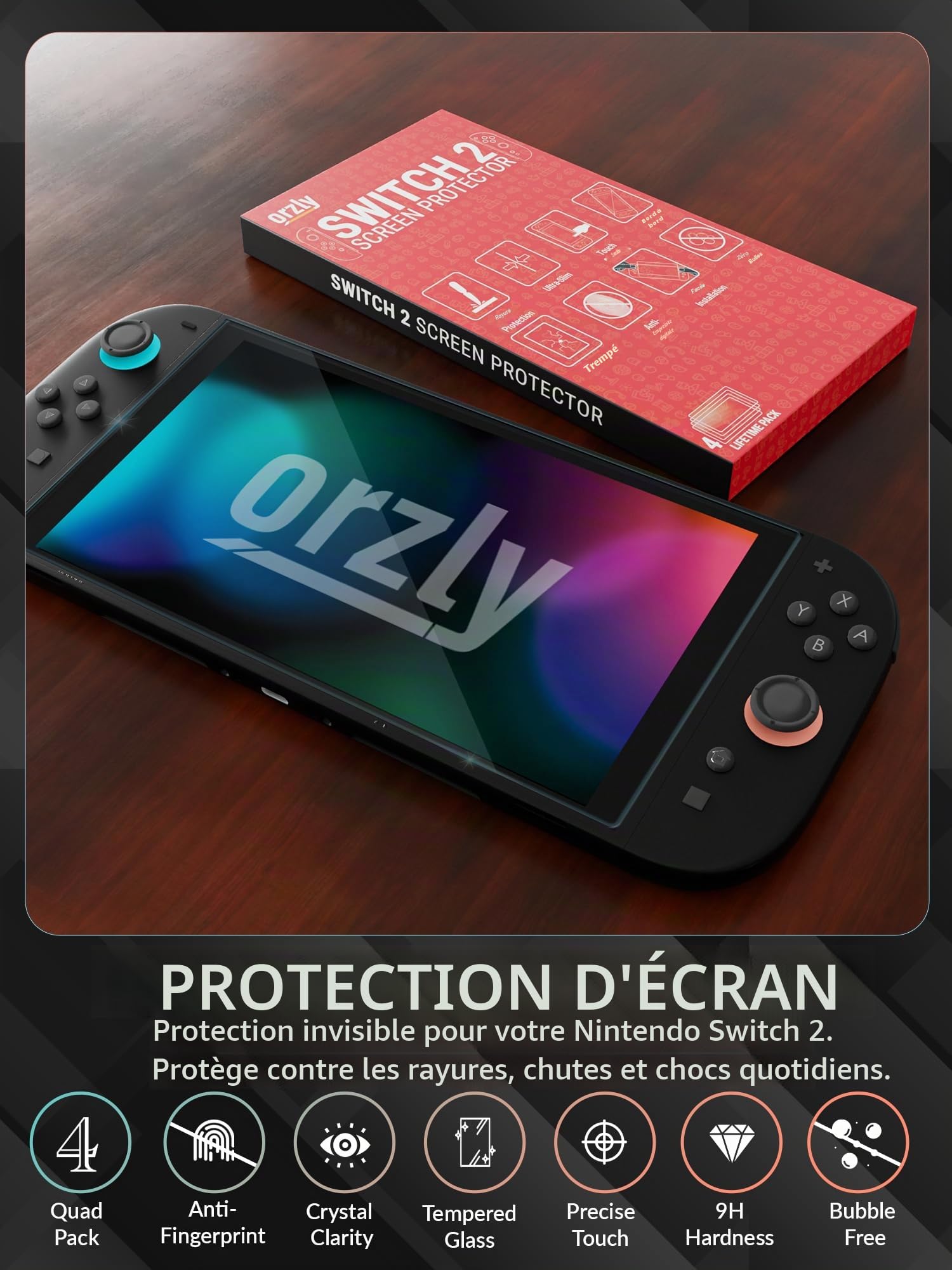 Orzly Lot de 4 protections d'écran en verre trempé compatibles avec Nintendo Switch 2, avec kit d'installation, verre 9H, installation facile en une seule touche, anti-rayures et sans bulles