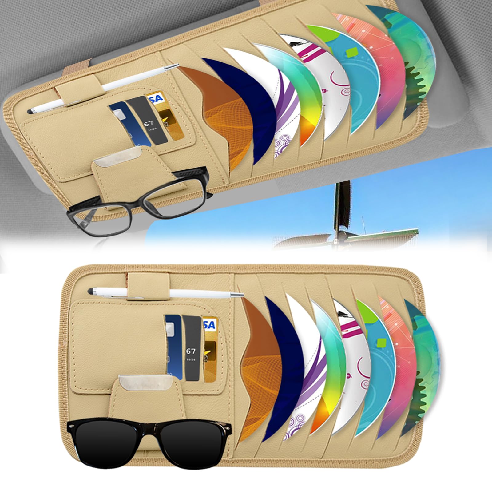 Visor Accessories Car Sun Visor Organizer, Car CD Holder, Car Sun Visor Organizer Leather Holder, Car Universal Sun Visor Organizer Pocket Storage Pouch - Yellow