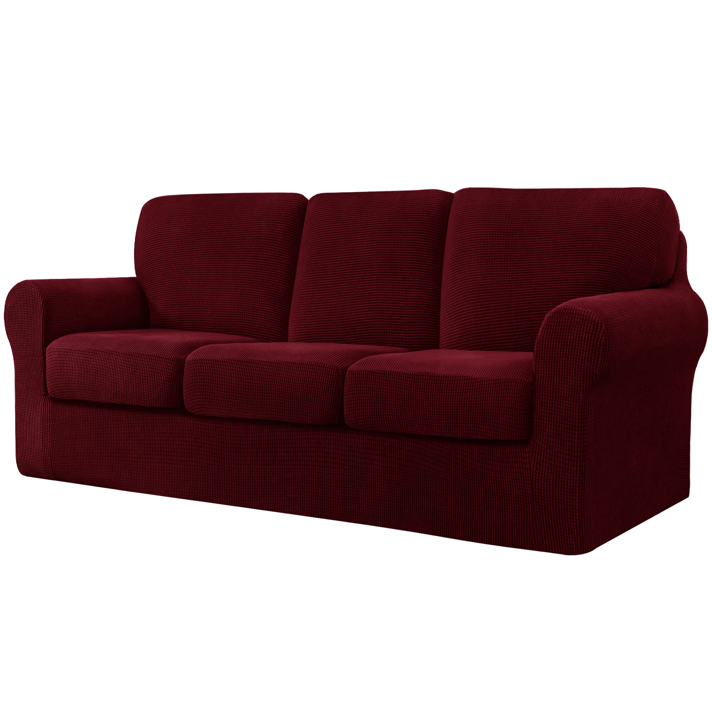 CHUN YI 7 Pieces Stretch Sofa Cover 3 Seater with Three Separate Cushions and Backrests Stylish Jacquard Spandex Fabric Sofa Slipcover for Living Room Furniture Protector(3 Seater，Wine