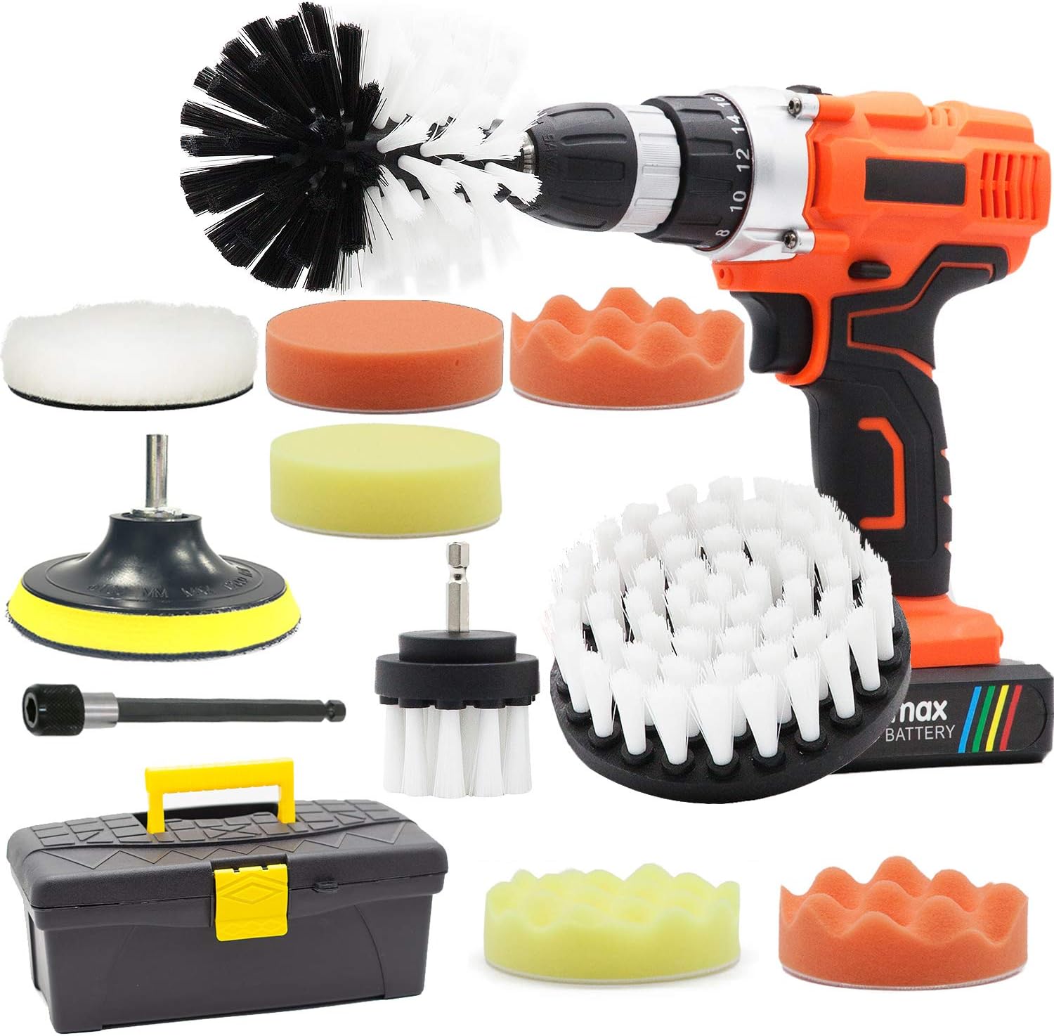 GOH DODD Drill Brush and Buffing Sponge Pads, 13 Pieces Power Scrubber Soft White Car Wash Kit Spin Brush Wheel Carpet Interior Detail Brush with Long Reach Attachment in Box for Auto Boat Motorcycle