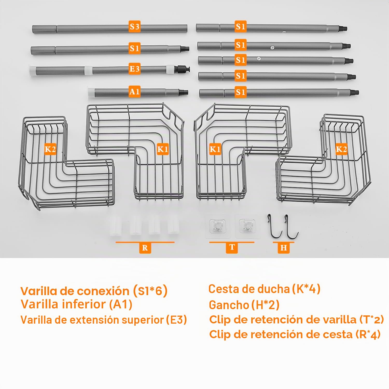Telescópica Estanteria Ducha, Estante Ducha Esquina Ajustable sin Taladrar, Estantería Baño Metálica con 4 Cestas, Telescopica Estanteria de Ducha para Baño, 78-319cm, Gris
