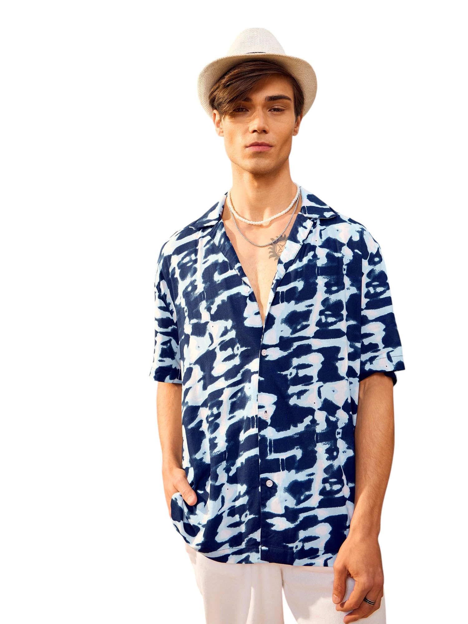 SASSAFRAS Unisex Navy & White Abstract Print Relax Fit Shirt in white